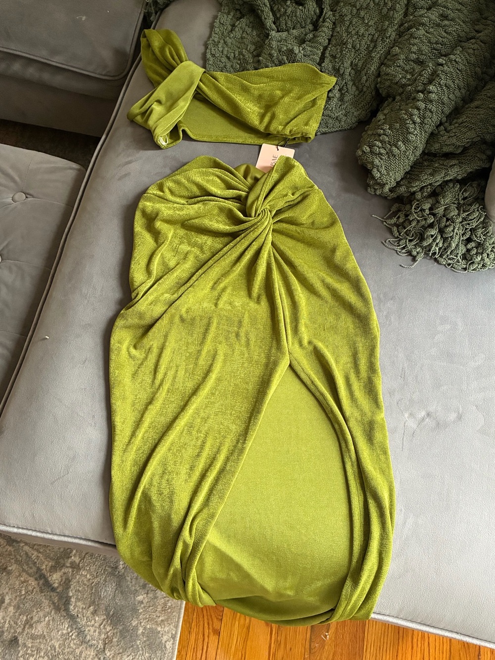 SHEIN SXY Lime Green Shimmer 2 Piece Set One Shoulder Top Tulip Slit Skirt Small